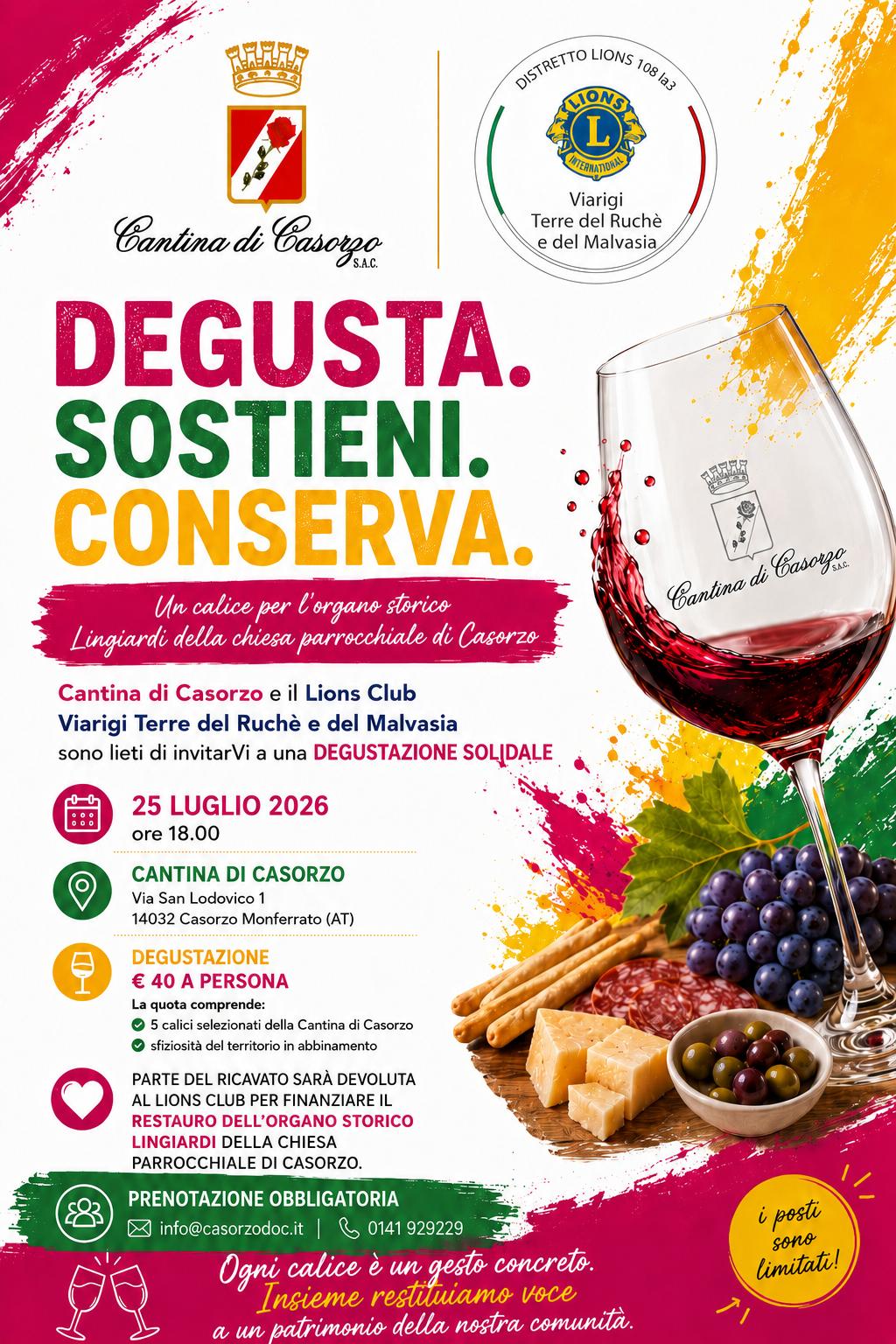 Sabato 25 luglio una degustazione solidale alla Cantina di Casorzo, con il Lions Club Viarigi Terre del Ruch&egrave; e del Malvasia